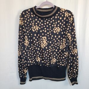 French Connection M Black and Tan Patterned Top With Ribbed Hems Polyester Body